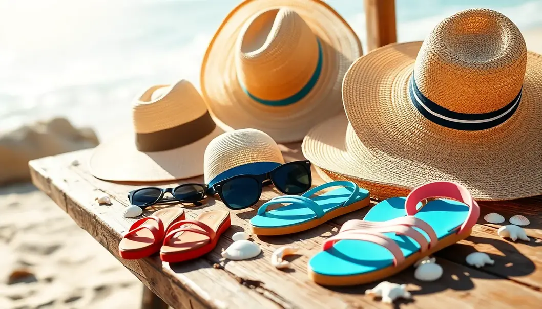 An arrangement of beach outfits including dresses, swimwear, and cover-ups on a sandy beach.