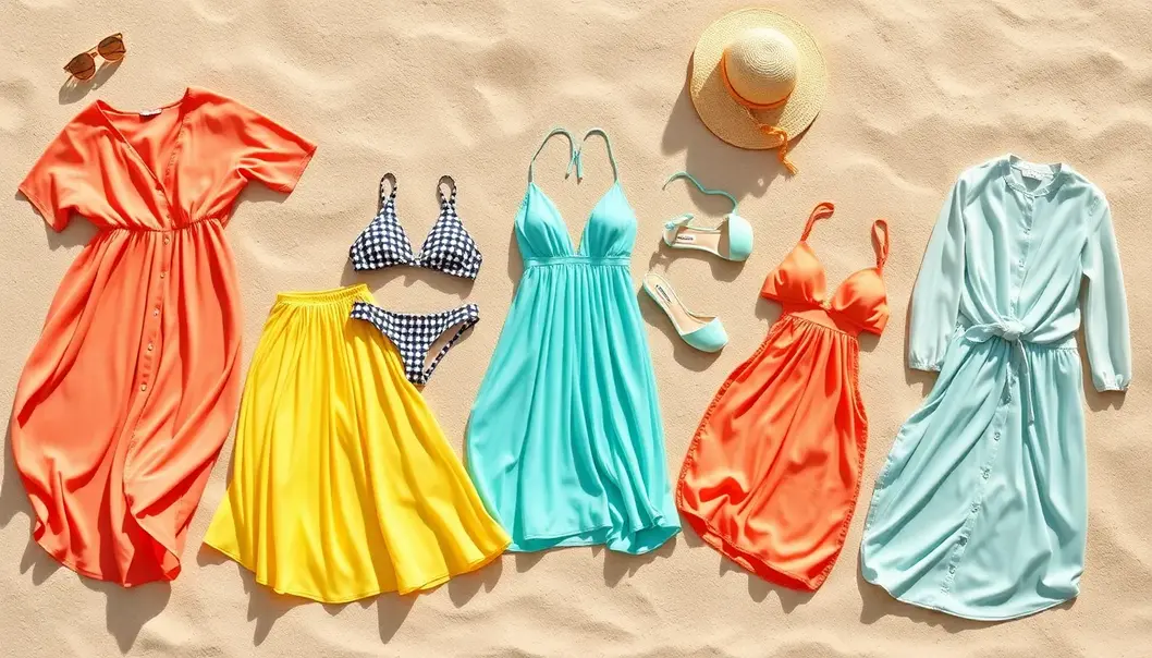 An arrangement of beach outfits including dresses, swimwear, and cover-ups on a sandy beach.