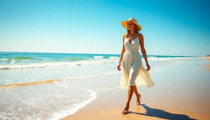 A woman wearing a dress and hat walking beside the sea on a sunny beach.