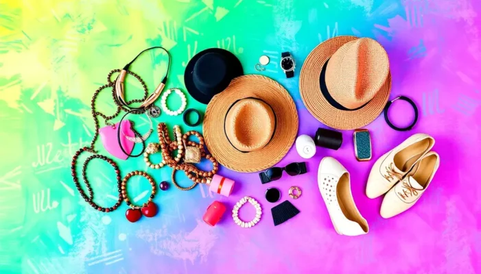 Collage of colorful accessories like necklaces, bracelets, and hats symbolizing personal style.