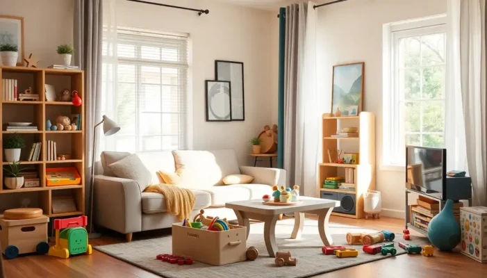 Organized living room with educational toys arranged neatly for various age groups.