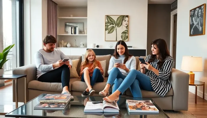 Stylish family having a conversation about social media in a modern living room.