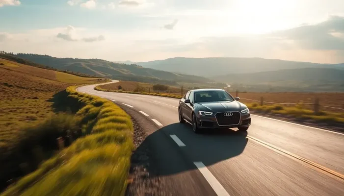 A luxury car driving through a scenic countryside road, embodying freedom and possibilities.