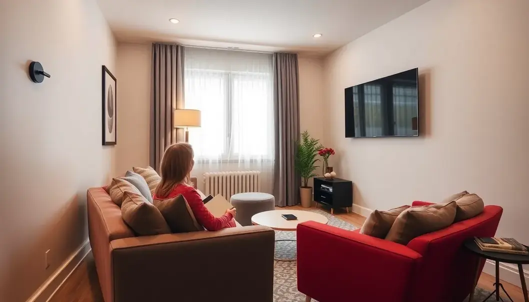 A well-designed, cozy movie watching corner suitable for a petite woman.