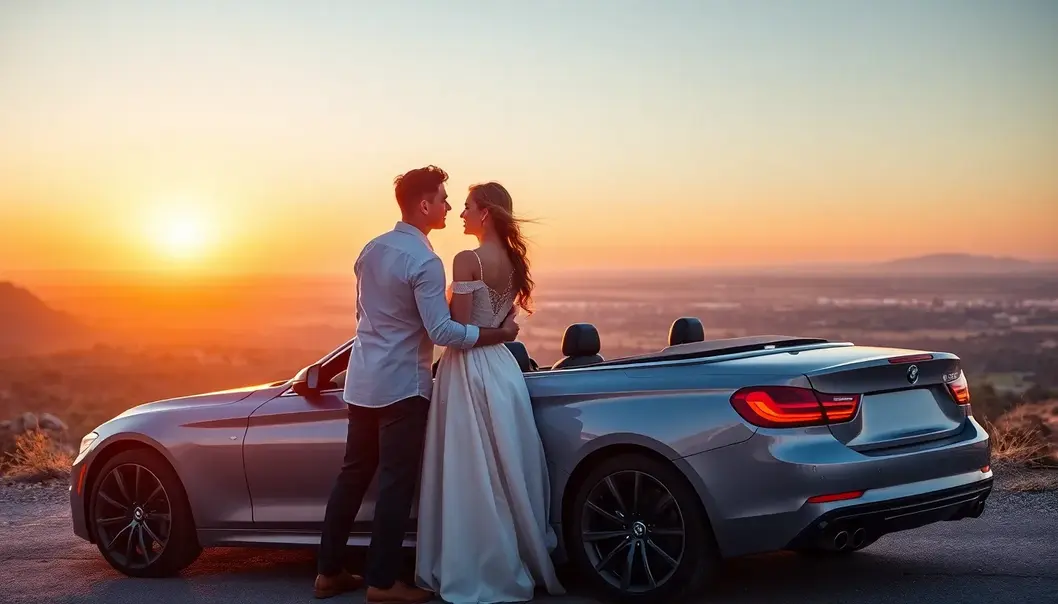 Newlyweds embracing near a convertible, illustrating freedom and adventure.