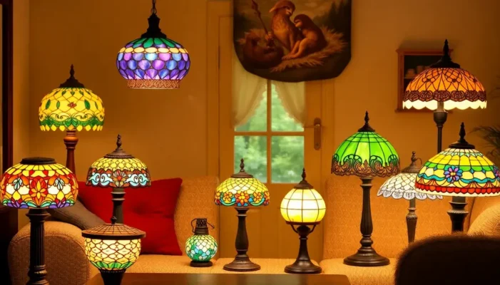 Collection of Tiffany-style stained glass lamps in a cozy living room setting.